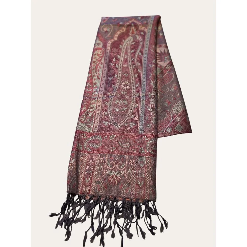 Vintage-Inspired Paisley Pattern Scarf With Fringe Blue & Purple Tones